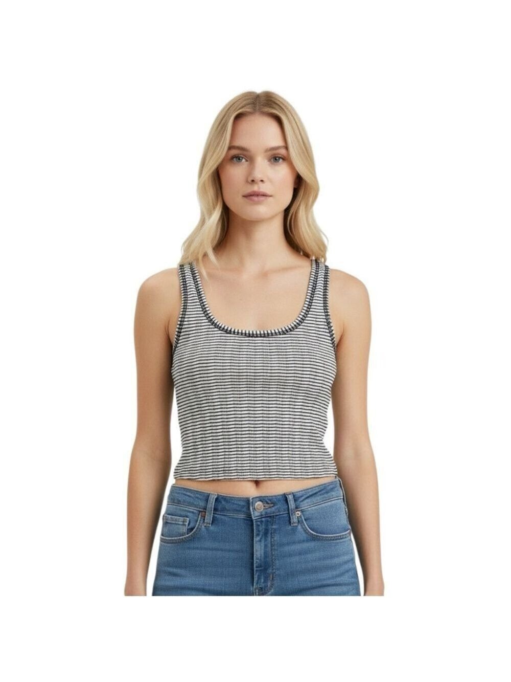 Free People We The Free Textured Ribbed Tank Top Size Large Black White Stripe